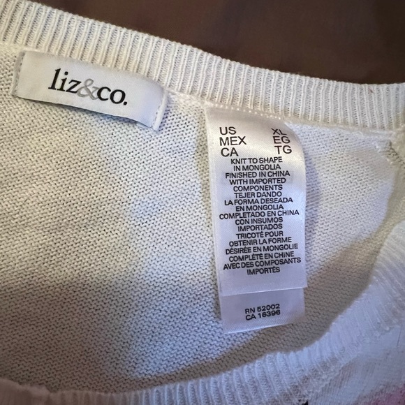 Liz & co XL white w/pink & black argyle 3/4 sleeve button down sweater w/tie - Picture 2 of 2